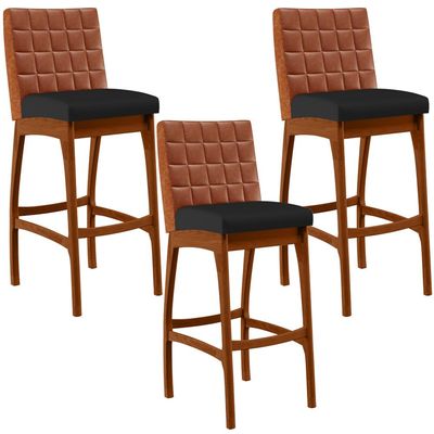 Kit 03 Banquetas Altas Cozinha Sala Jantar Fixa Mila B04 Couríssimo Camel Corano Preto - Lyam Decor