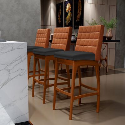 Kit 03 Banquetas Altas Cozinha Sala Jantar Fixa Mila B04 Couríssimo Camel Corano Preto - Lyam Decor