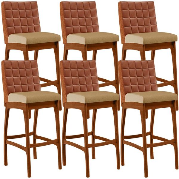 Kit 06 Banquetas Altas Sala De Jantar Fixa Mila B04 Couríssimo Camel Linho Bege Escuro - Lyam Decor