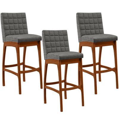 Kit 03 Banquetas Altas Para Cozinha Sala de Jantar Fixa Mila B04 Linho Cinza Escuro - Lyam Decor