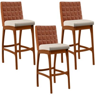 Kit 03 Banquetas Altas Cozinha Sala De Jantar Fixa Mila B04 Couríssimo Camel Linho Cru - Lyam Decor