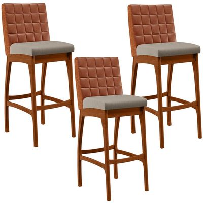 Kit 03 Banquetas Altas Cozinha Sala De Jantar Fixa Mila B04 Couríssimo Camel Linho Bege - Lyam Decor