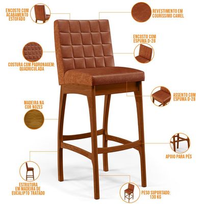 Kit 04 Banquetas Altas Para Cozinha Sala de Jantar Fixa Mila B04 Couríssimo Camel - Lyam Decor