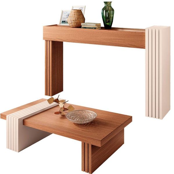 Kit Aparador Para Sala de Estar com Mesa de Centro Lord B01 Nature Off White - Lyam Decor