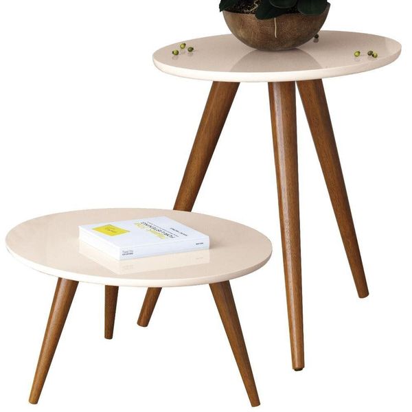 Kit Mesa Lateral Com Mesa De Centro Decorativa Sofia B01 Off White Pés Palito - Lyam Decor