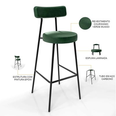 Banqueta Alta Cozinha Sala Jantar Estrutura Em Aço Milão F01 Couríssimo Verde Musgo - Lyam Decor