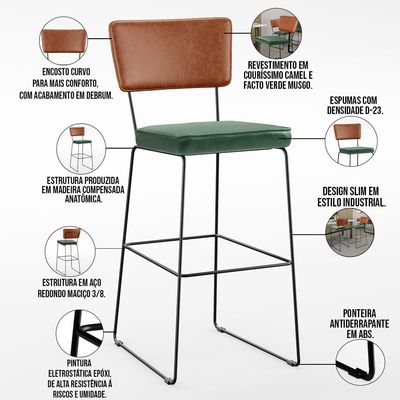 Banqueta Alta Cozinha Sala Jantar Fixa Allana L02 Couríssimo Camel Facto Verde Musgo - Lyam Decor