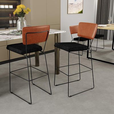 Banqueta Alta Cozinha Sala Jantar Fixa Allana L02 Couríssimo Camel Linho Chumbo - Lyam Decor