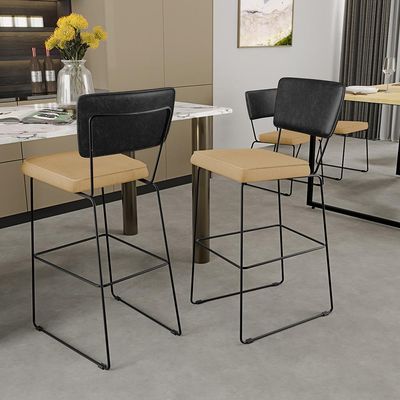 Banqueta Alta Cozinha Sala Jantar Fixa Allana L02 Couríssimo Preto Linho Bege Escuro - Lyam Decor
