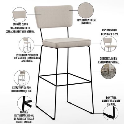 Banqueta Alta Para Cozinha Sala De Jantar Base em Aço Fixa Allana L02 Linho Cru - Lyam Decor