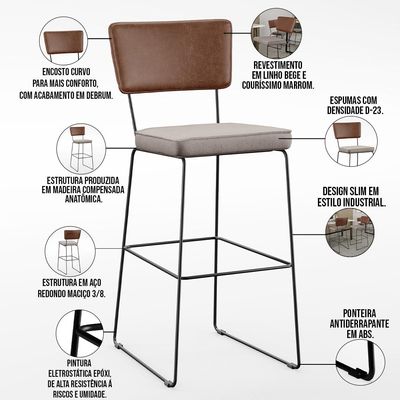 Kit 02 Banqueta Alta Cozinha Sala Jantar Fixa Allana L02 Couríssimo Marrom Linho Bege - Lyam Decor
