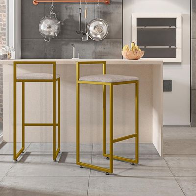 Kit 02 Banquetas Alta Para Cozinha Sala De Jantar Hanna L02 Dourado Linho Bege - Lyam Decor