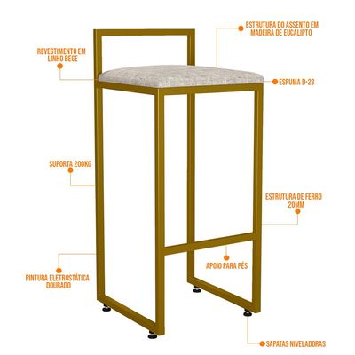 Kit 02 Banquetas Alta Para Cozinha Sala De Jantar Hanna L02 Dourado Linho Bege - Lyam Decor