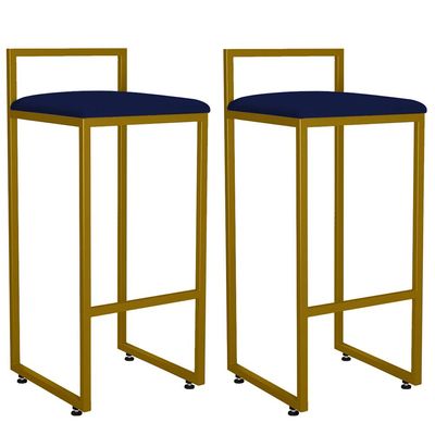 Kit 02 Banquetas Alta Para Cozinha Sala De Jantar Hanna L02 Dourado Suede Azul Marinho - Lyam Decor