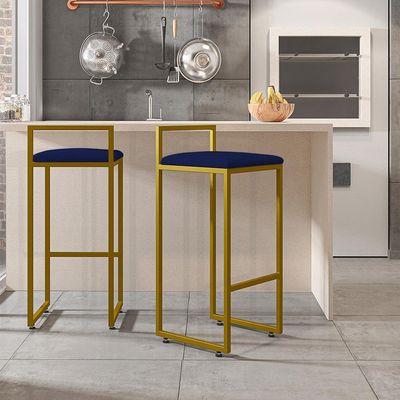Kit 02 Banquetas Alta Para Cozinha Sala De Jantar Hanna L02 Dourado Suede Azul Marinho - Lyam Decor