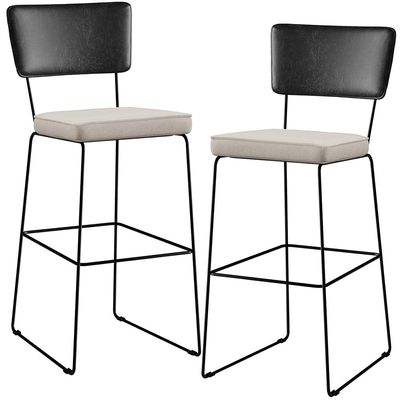 Kit 02 Banquetas Altas Cozinha Sala Jantar Fixa Allana L02 Couríssimo Preto Linho Cru - Lyam Decor