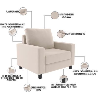 Kit 02 Poltronas Decorativas Para Sala De Estar E Recepção Malta L02 Suede Bege - Lyam Decor