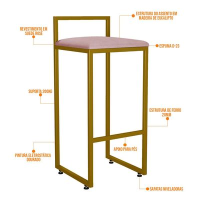 Kit 02 Banquetas Altas Para Cozinha Sala De Jantar Hanna L02 Dourado Suede Rosê - Lyam Decor