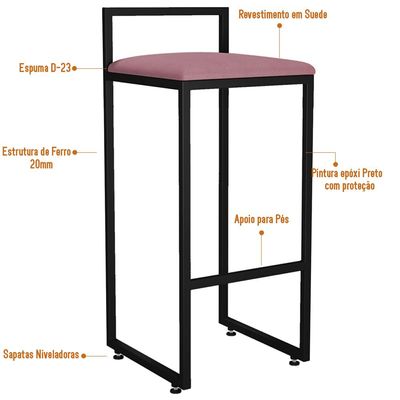 Kit 02 Banquetas Altas Para Cozinha Sala de Jantar Hanna L02 Preto Suede Rosê - Lyam Decor
