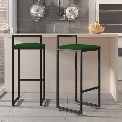 Kit 02 Banquetas Altas Para Cozinha Sala de Jantar Hanna L02 Preto Suede Verde Musgo - Lyam Decor