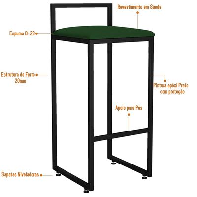Kit 02 Banquetas Altas Para Cozinha Sala de Jantar Hanna L02 Preto Suede Verde Musgo - Lyam Decor