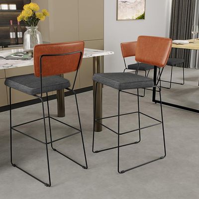 Kit 02 Banquetas Altas Sala Jantar Fixa Allana L02 Couríssimo Camel Linho Cinza Escuro - Lyam Decor
