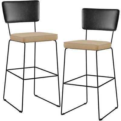 Kit 02 Banquetas Altas Sala Jantar Fixa Allana L02 Couríssimo Preto Linho Bege Escuro - Lyam Decor
