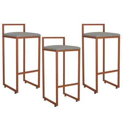 Kit 03 Banquetas Alta Para Cozinha Sala de Jantar Hanna L02 Bronze Linho Cinza Escuro - Lyam Decor