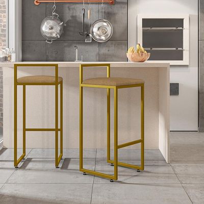 Kit 03 Banquetas Alta Para Cozinha Sala De Jantar Hanna L02 Dourado Linho Bege Escuro - Lyam Decor