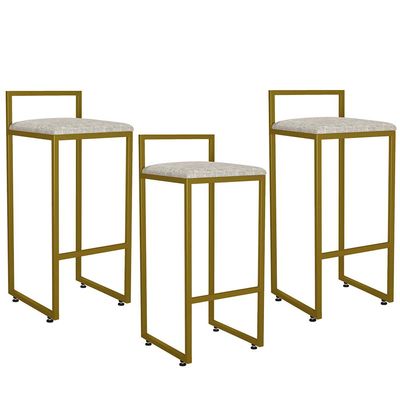 Kit 03 Banquetas Alta Para Cozinha Sala De Jantar Hanna L02 Dourado Linho Bege - Lyam Decor
