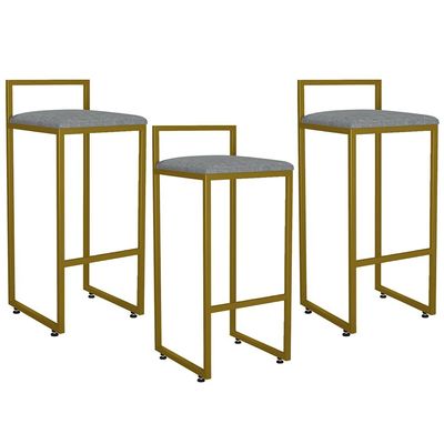 Kit 03 Banquetas Alta Para Cozinha Sala De Jantar Hanna L02 Dourado Linho Cinza Escuro - Lyam Decor