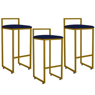 Kit 03 Banquetas Alta Para Cozinha Sala De Jantar Hanna L02 Dourado Suede Azul Marinho - Lyam Decor