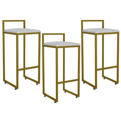 Kit 03 Banquetas Altas Para Cozinha Sala De Jantar Hanna L02 Dourado Linho Cinza - Lyam Decor