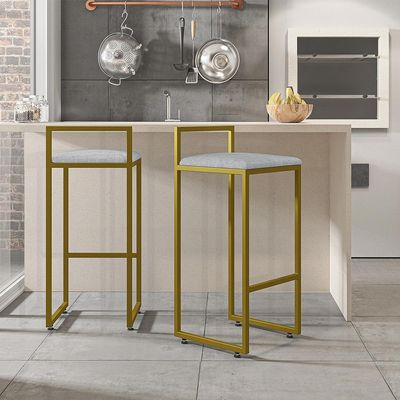 Kit 03 Banquetas Altas Para Cozinha Sala De Jantar Hanna L02 Dourado Linho Cinza - Lyam Decor