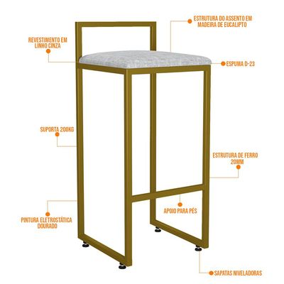 Kit 03 Banquetas Altas Para Cozinha Sala De Jantar Hanna L02 Dourado Linho Cinza - Lyam Decor
