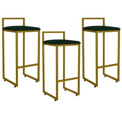 Kit 03 Banquetas Altas Para Cozinha Sala De Jantar Hanna L02 Dourado Suede Verde Musgo - Lyam Decor