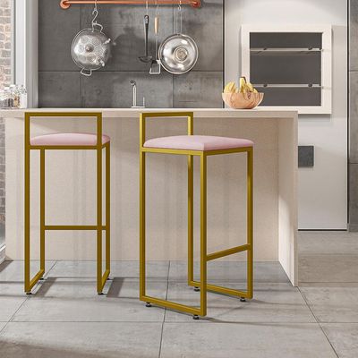 Kit 03 Banquetas Altas Para Cozinha Sala De Jantar Hanna L02 Dourado Suede Rosê - Lyam Decor
