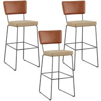 Kit 03 Banquetas Altas Sala Jantar Fixa Allana L02 Couríssimo Camel Linho Bege Escuro - Lyam Decor