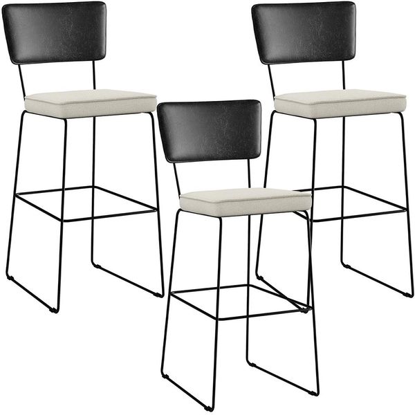 Kit 03 Banquetas Altas Sala Jantar Fixa Allana L02 Couríssimo Preto Linho Champagne - Lyam Decor