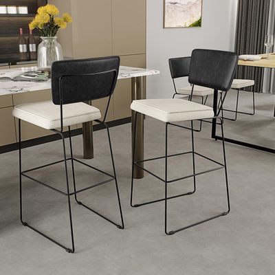 Kit 03 Banquetas Altas Sala Jantar Fixa Allana L02 Couríssimo Preto Linho Champagne - Lyam Decor