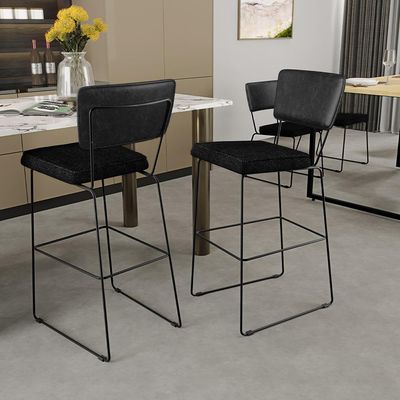 Kit 03 Banquetas Altas Sala Jantar Fixa Allana L02 Couríssimo Preto Linho Chumbo - Lyam Decor