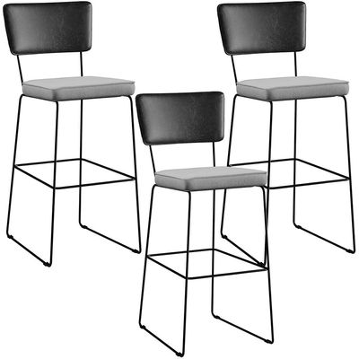 Kit 03 Banquetas Altas Sala Jantar Fixa Allana L02 Couríssimo Preto Linho Cinza - Lyam Decor