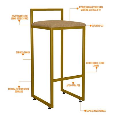 Kit 04 Banquetas Alta Para Cozinha Sala De Jantar Hanna L02 Dourado Linho Bege Escuro - Lyam Decor