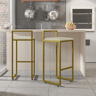 Kit 04 Banquetas Alta Para Cozinha Sala De Jantar Hanna L02 Dourado Linho Cru - Lyam Decor