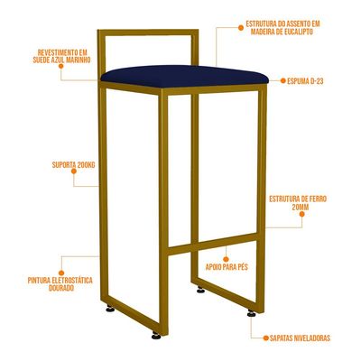 Kit 04 Banquetas Alta Para Cozinha Sala De Jantar Hanna L02 Dourado Suede Azul Marinho - Lyam Decor