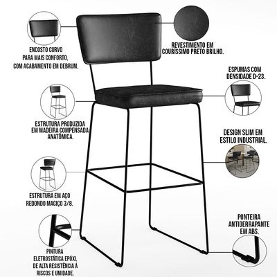 Kit 04 Banquetas Altas Cozinha Sala Jantar Base Em Aço Fixa Allana L02 Couríssimo Preto - Lyam Decor
