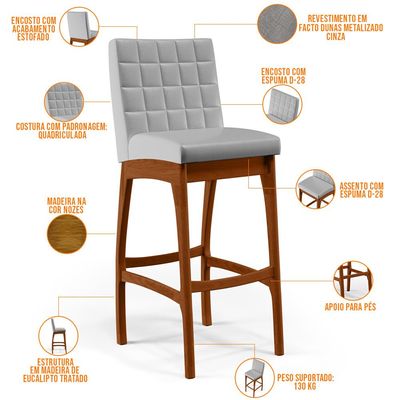 Kit 04 Banquetas Altas Para Cozinha Sala de Jantar Fixa Mila L02 Facto Cinza Metalizado - Lyam Decor