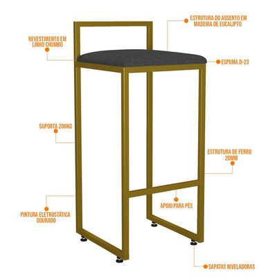 Kit 04 Banquetas Altas Para Cozinha Sala De Jantar Hanna L02 Dourado Linho Chumbo - Lyam Decor