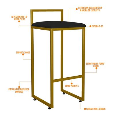 Kit 04 Banquetas Altas Para Cozinha Sala De Jantar Hanna L02 Dourado Suede Preto - Lyam Decor