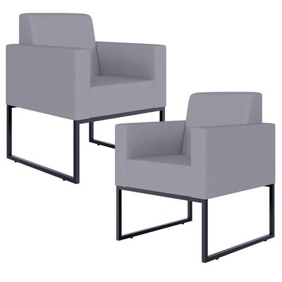 Kit 02 Poltronas Decorativas para Sala Recepção Base Fixa De Metal Helô L02 Suede Cinza - Lyam Decor